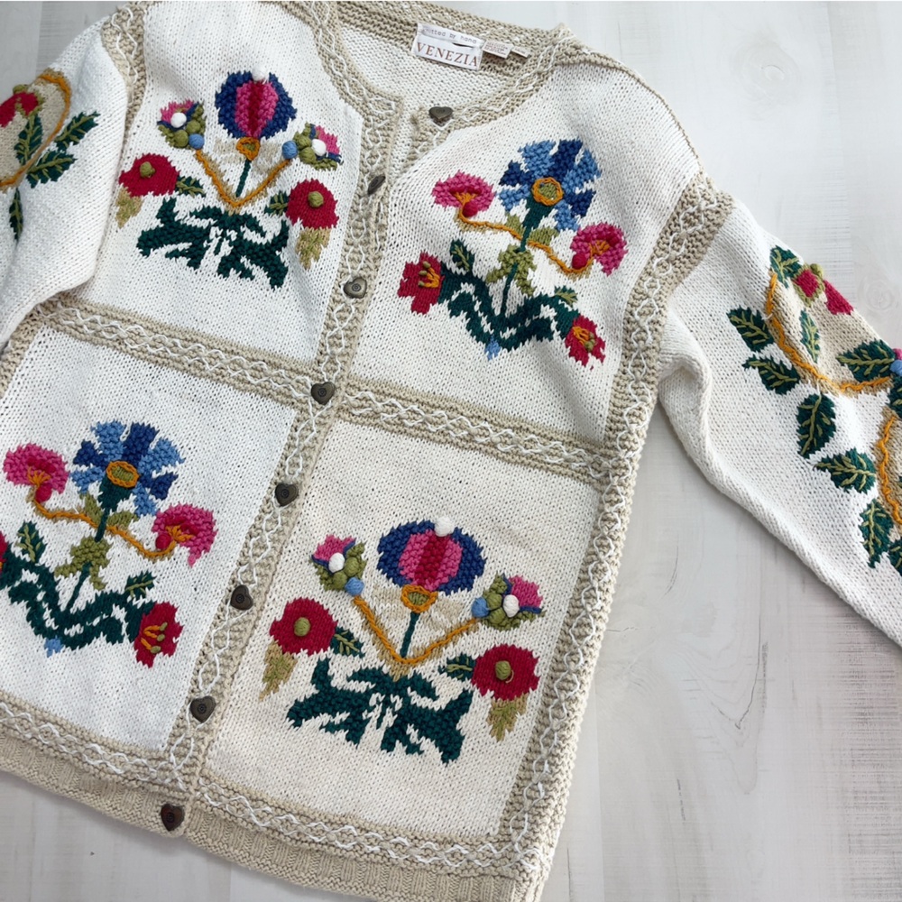 VENEZIA hand knit floral bird cardigan sweater vintage 14 16 - Picture 8 of 11